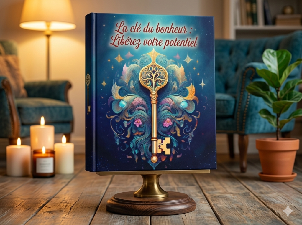 Couverture du livre La clé du bonheur : Libérez votre potentiel, avec une clé dorée ornementale sur fond bleu étoilé, posée sur un présentoir en bois dans un salon chaleureux.