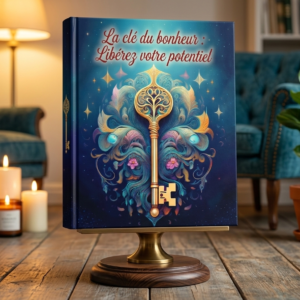Couverture du livre La clé du bonheur : Libérez votre potentiel, avec une clé dorée ornementale sur fond bleu étoilé, posée sur un présentoir en bois dans un salon chaleureux.