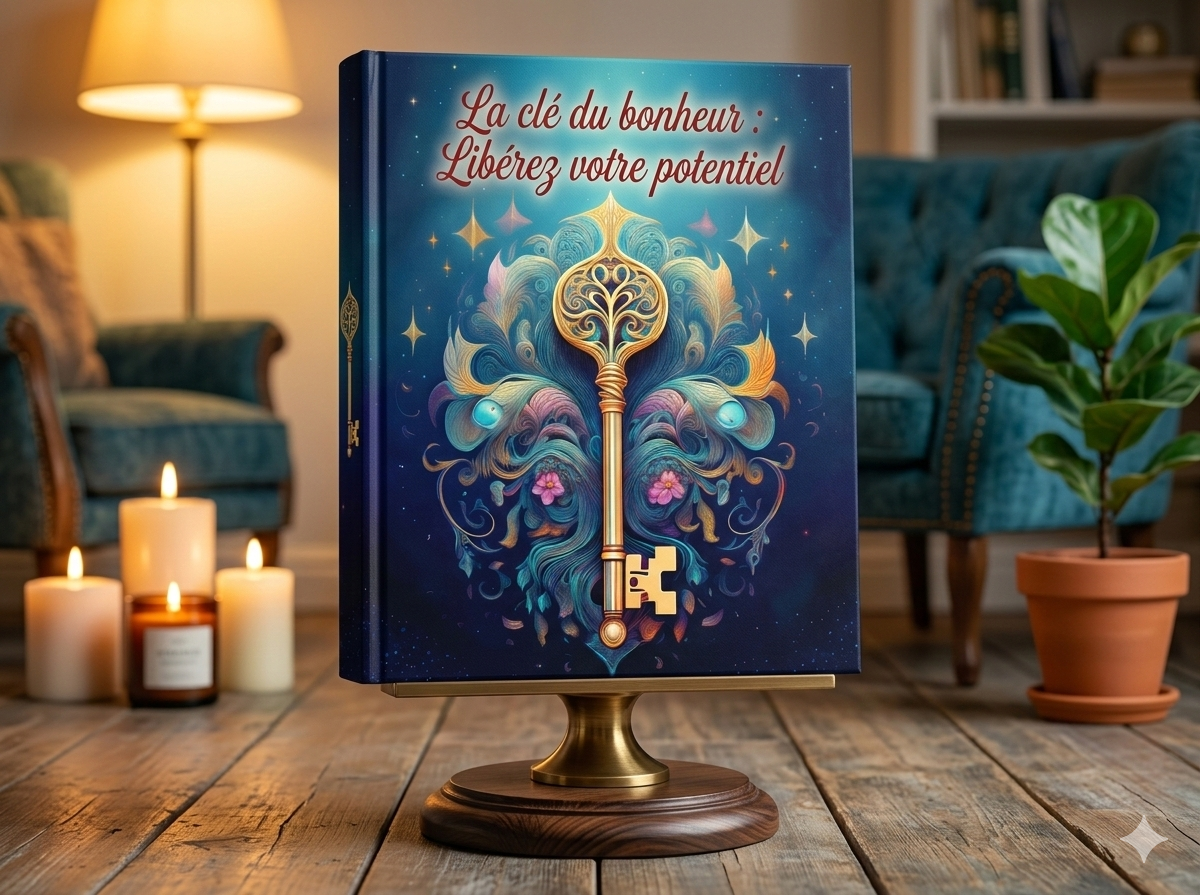 Couverture du livre La clé du bonheur : Libérez votre potentiel, avec une clé dorée ornementale sur fond bleu étoilé, posée sur un présentoir en bois dans un salon chaleureux.