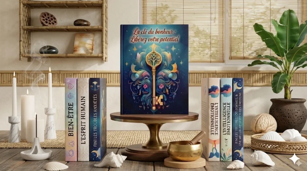 Couverture du livre "La clé du bonheur : Libérez votre potentiel" posée sur un présentoir en bois, entourée d'autres livres de développement personnel, de bougies et d'un bol chantant, dans une ambiance zen et apaisante.